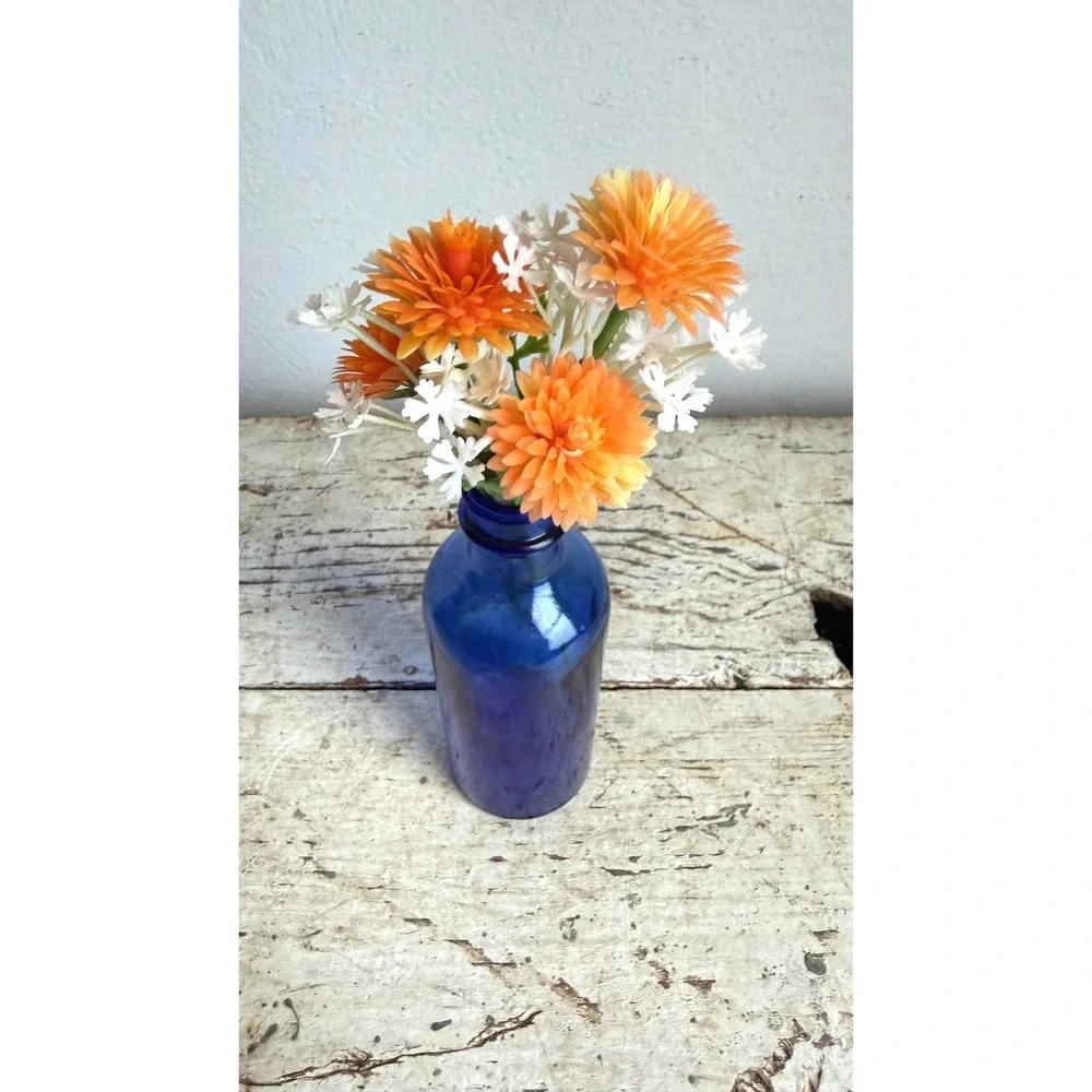 Vintage Cobalt Blue Glass Bottle Bud Vase with Artificial Flowers 5.25